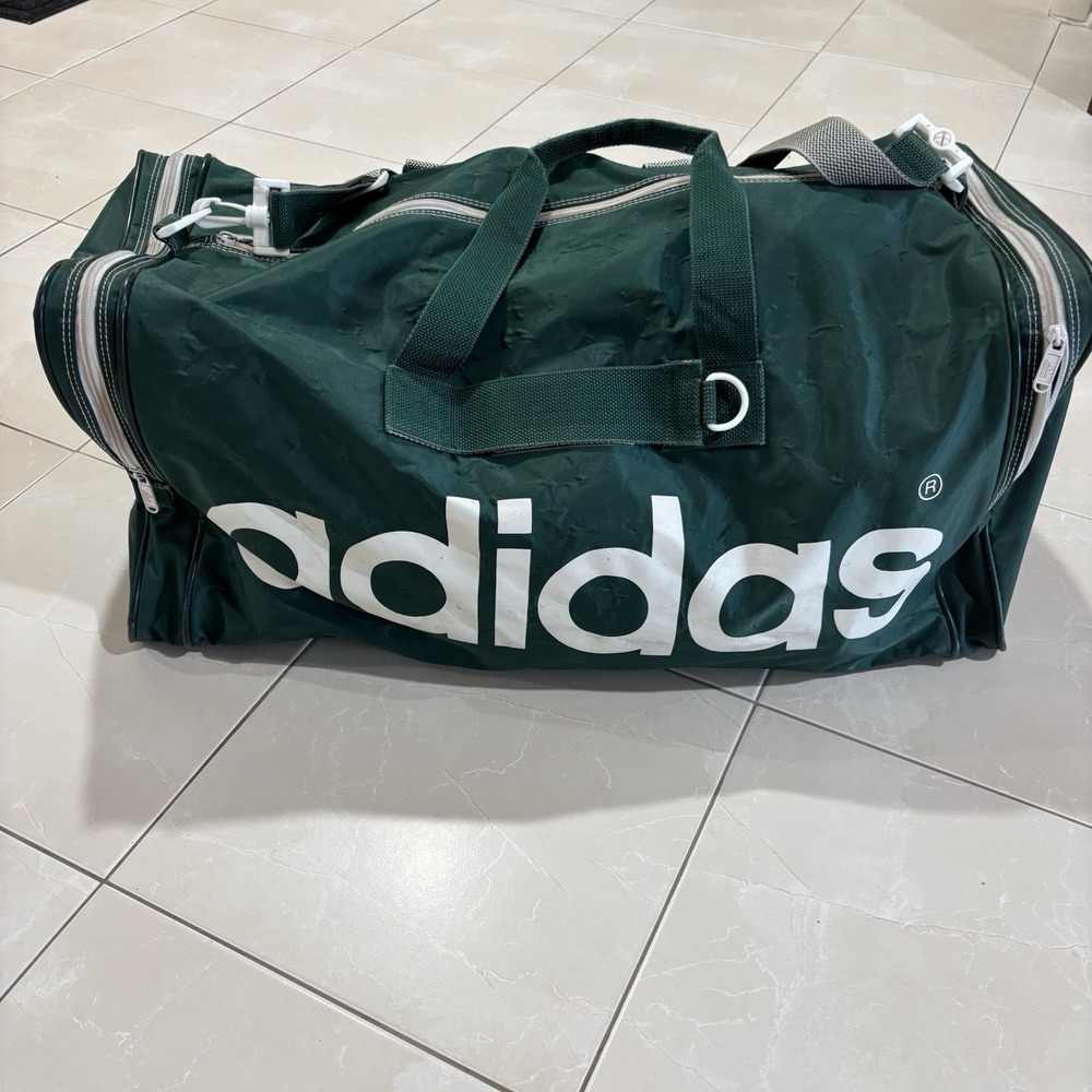 Vintage 80s 90s Adidas Duffle Bag Green Trefoil Gym Bag RARE Zipper Large Gear